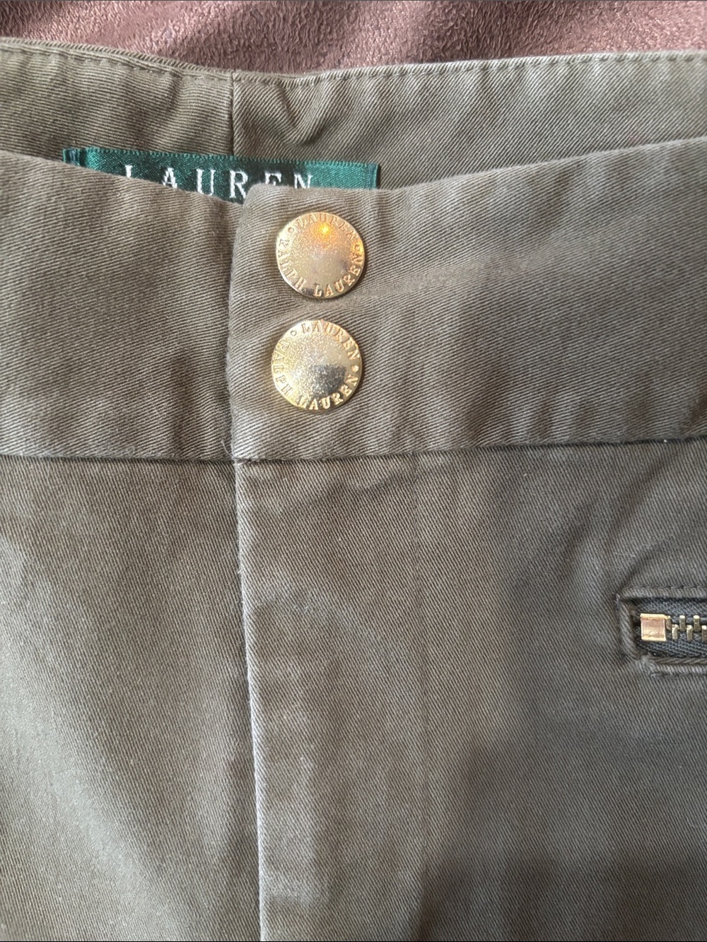 Lauren Ralph Lauren Olive Green Straight-Leg Pants with Gold Zippers - Picture 5 of 6